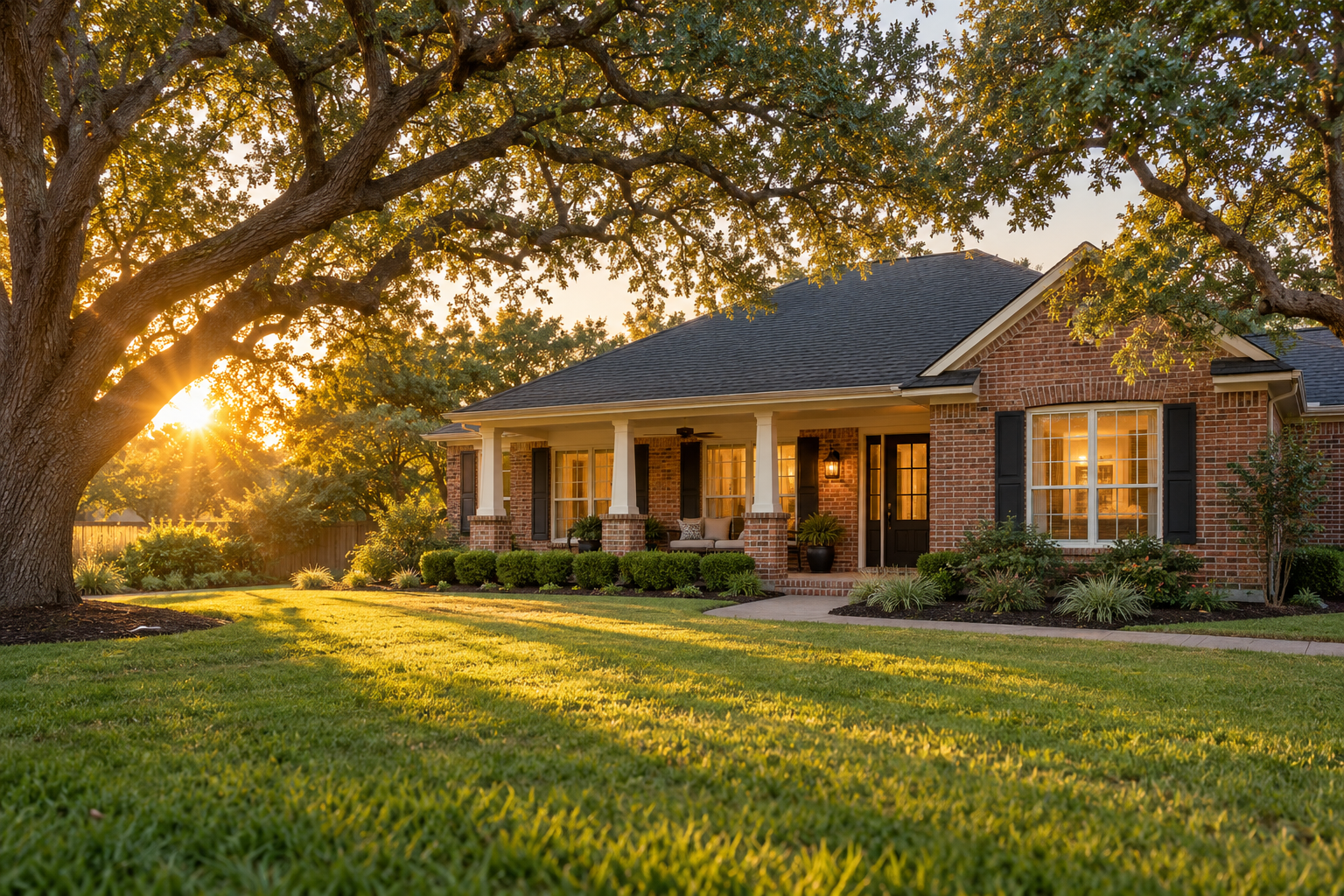 Illustrative Houston-style brick home beneath a live oak tree